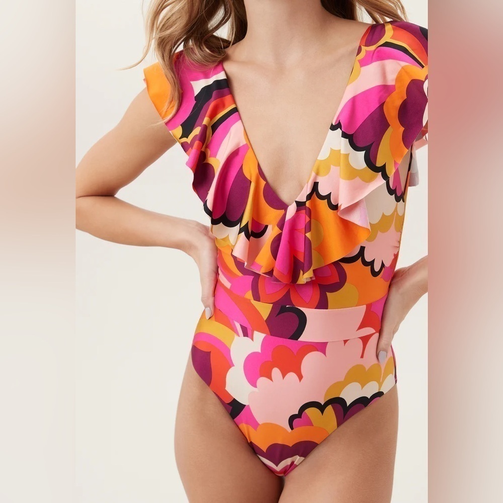 Trina Turk 14 Fan Faire Ruffle Plunge pink orange abstract  swim suit one piece